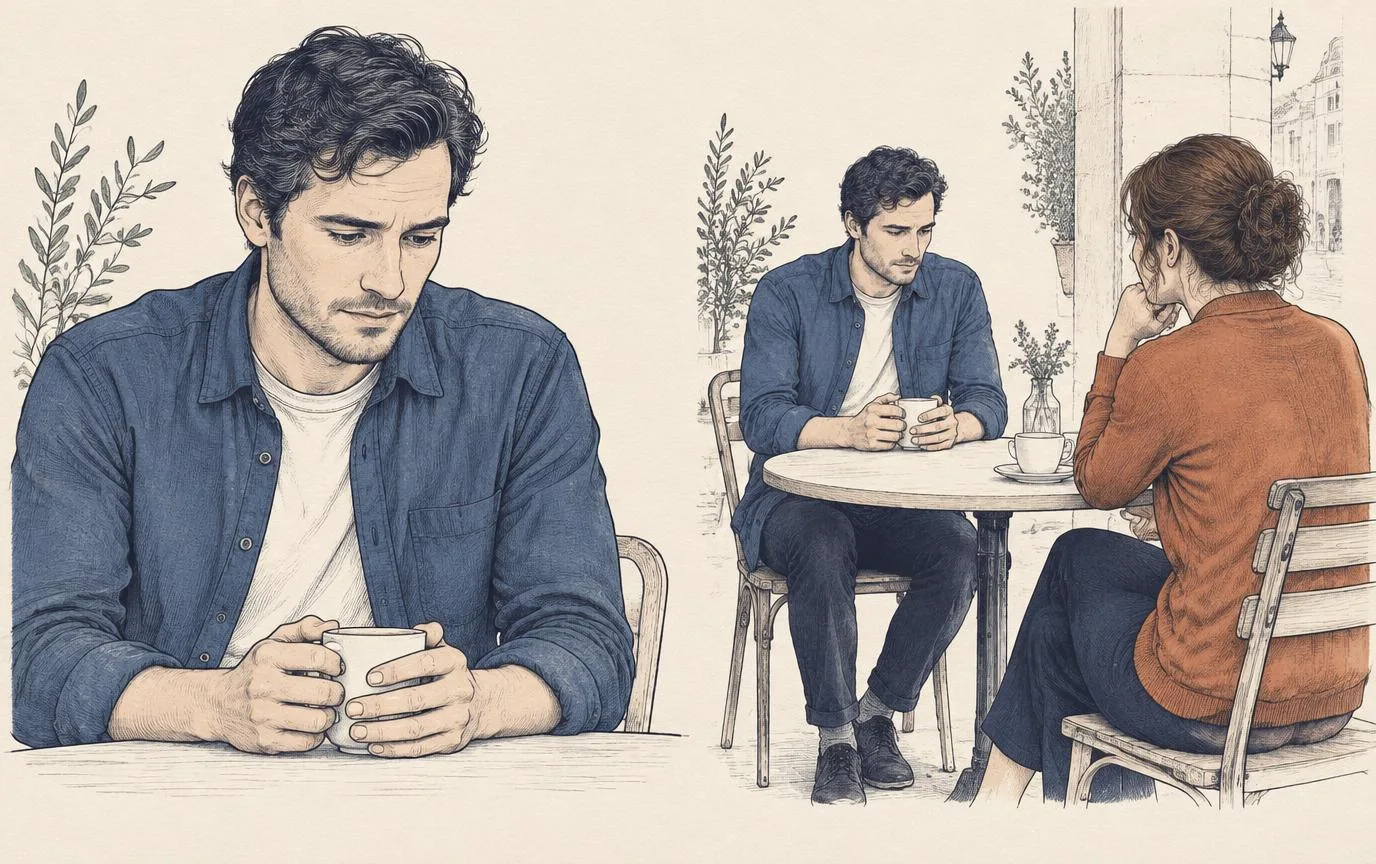 A nervous man seen close up and from his conversation partner’s perspective