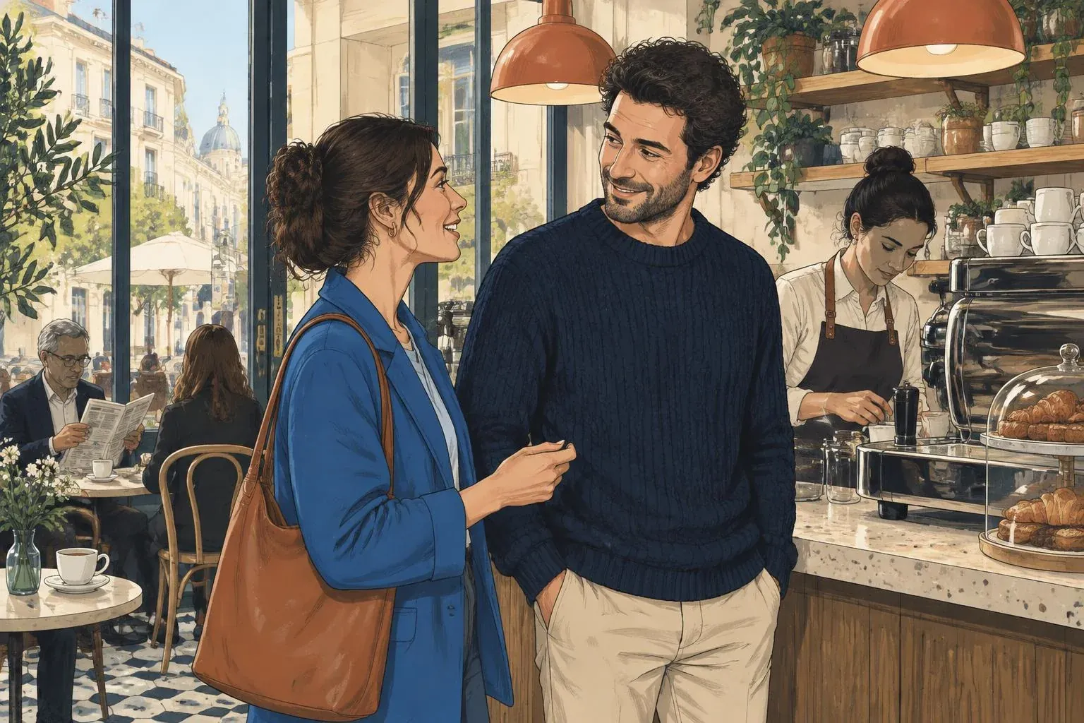 Two neighbours talking outside a café