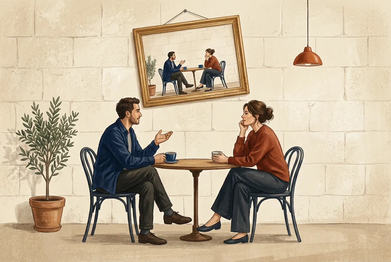 Two people talking beneath a picture of the same conversation