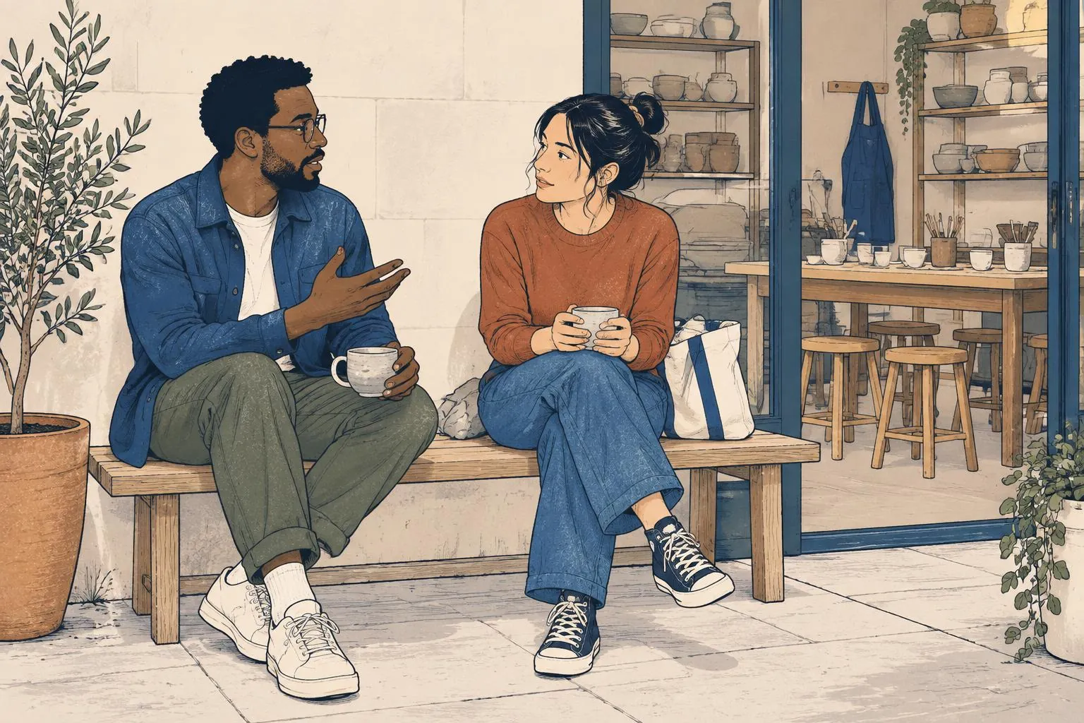 Two people talking and listening at a café table