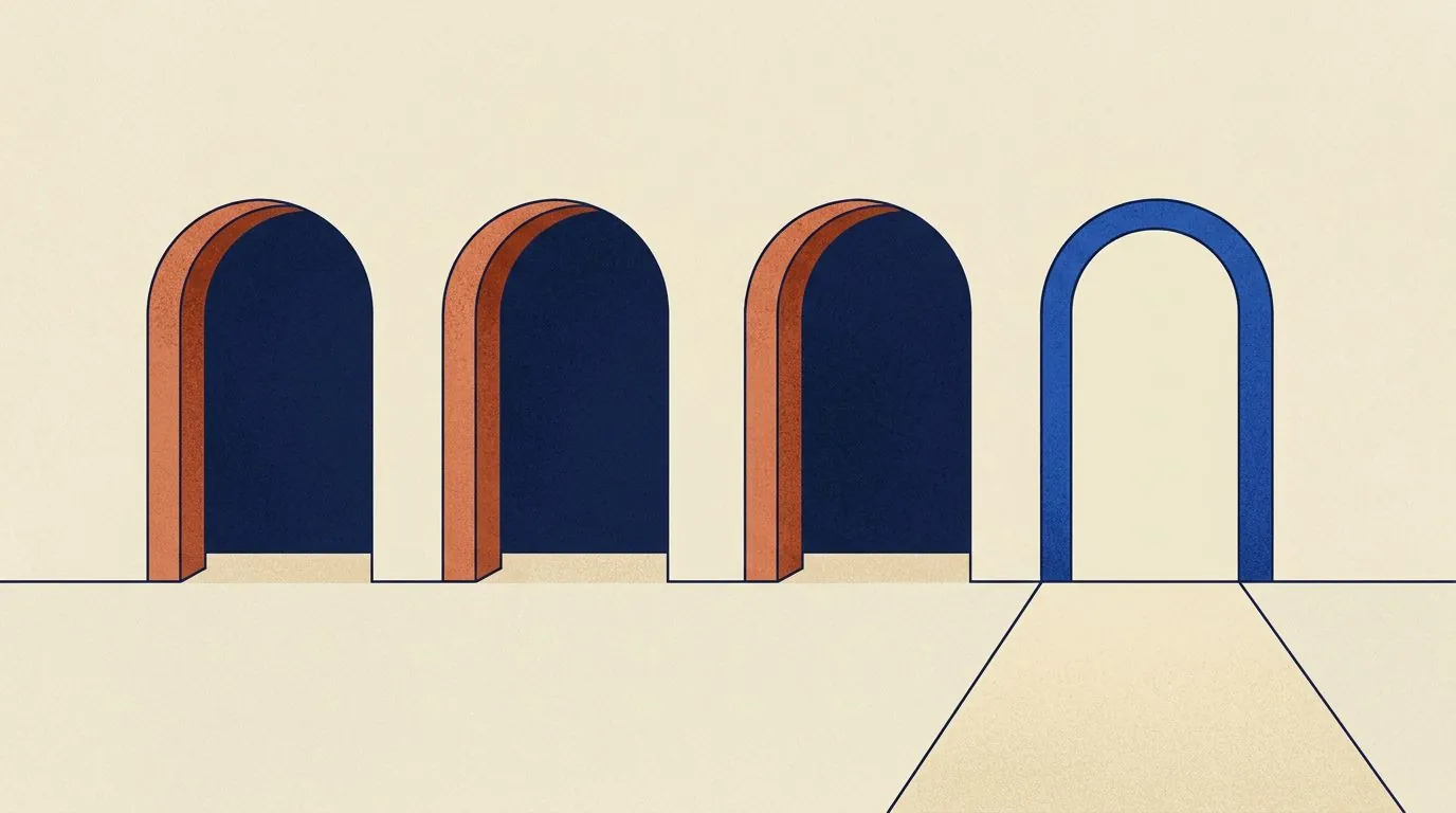 Four doorways, three closed and one open with light coming through