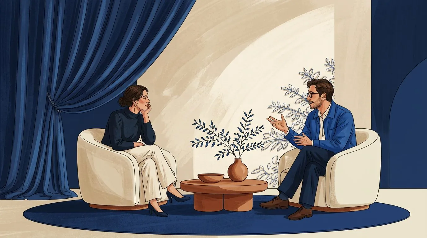 Two people talking in armchairs on a small stage