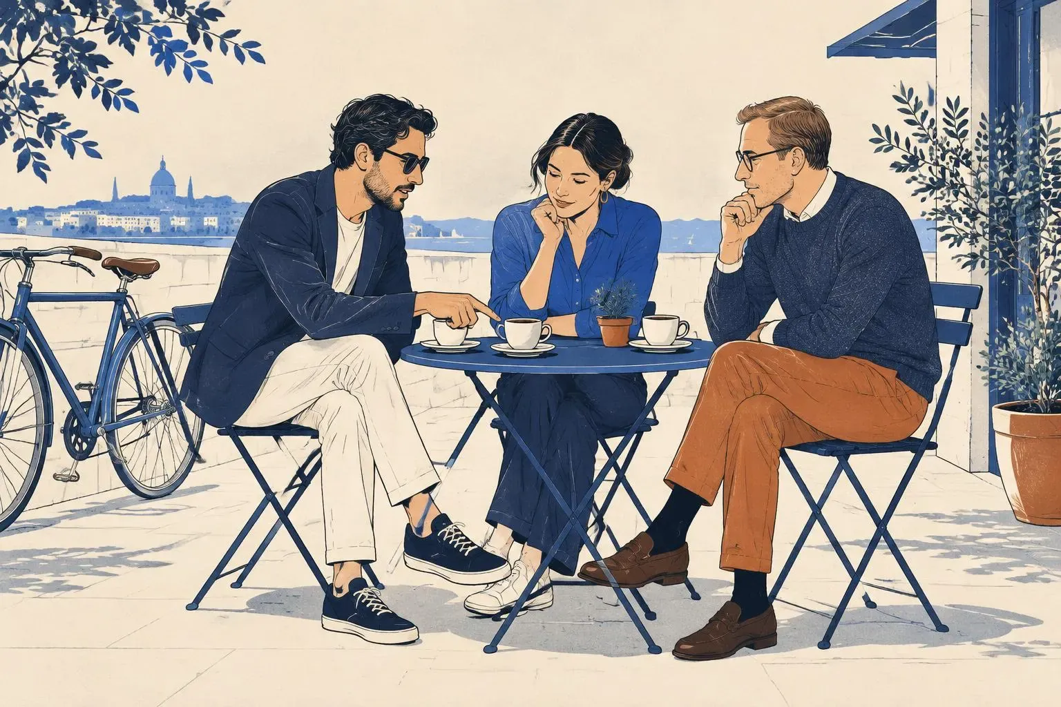 Three people talking at an outdoor café table beside bicycles