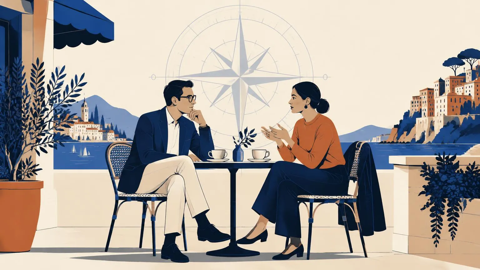 Twee mensen in gesprek aan een cafetafel met een kompas op de achtergrond