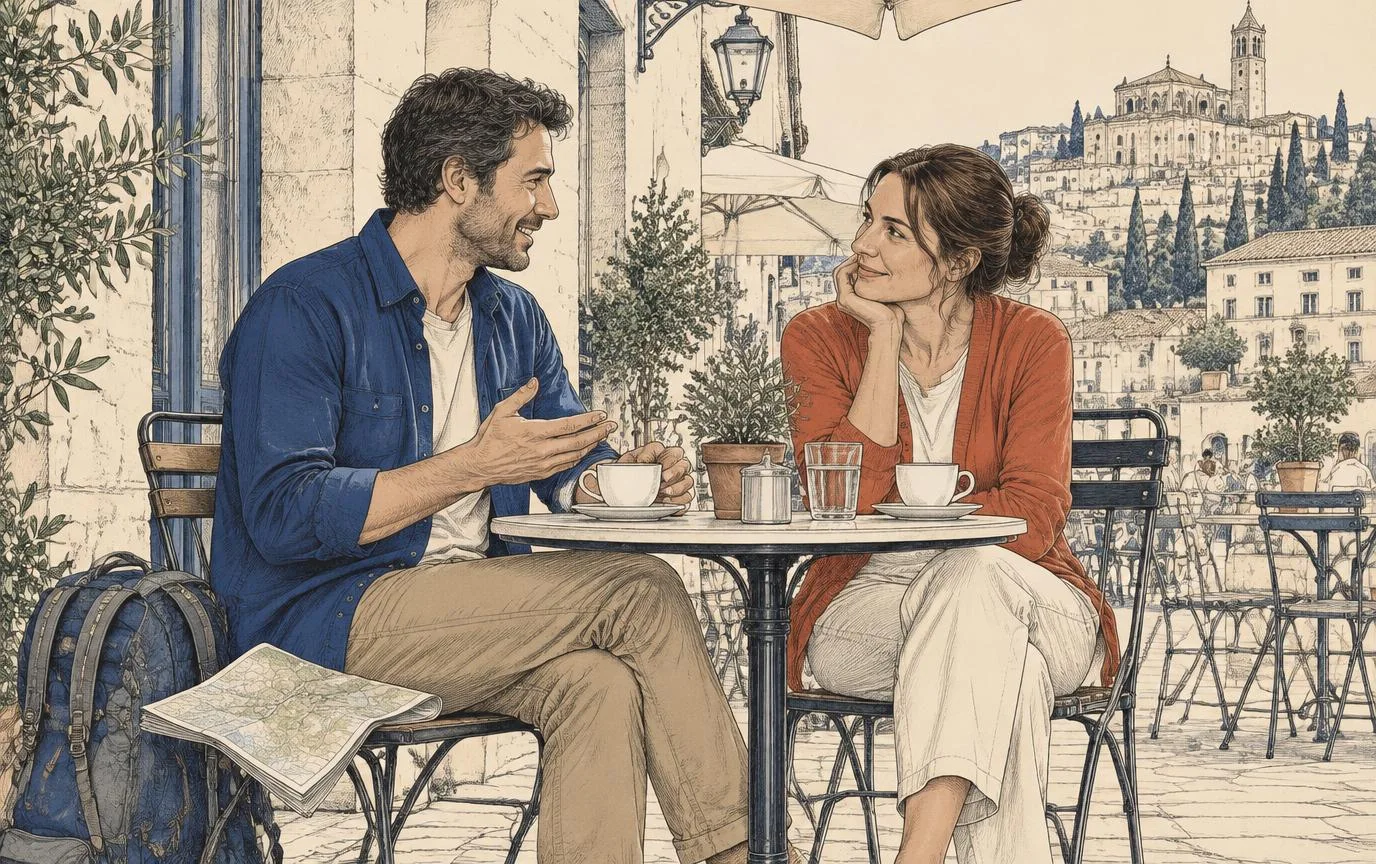 A man sharing a story about a walk while a woman listens