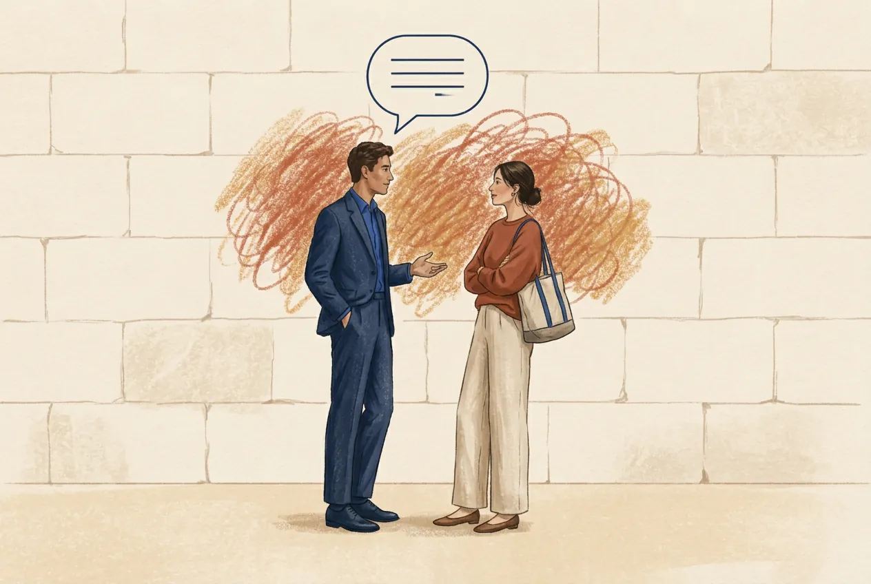 Two people talking: above them a tidy speech bubble with the spoken words, behind them a warm scribbled cloud for everything that is felt but not said.