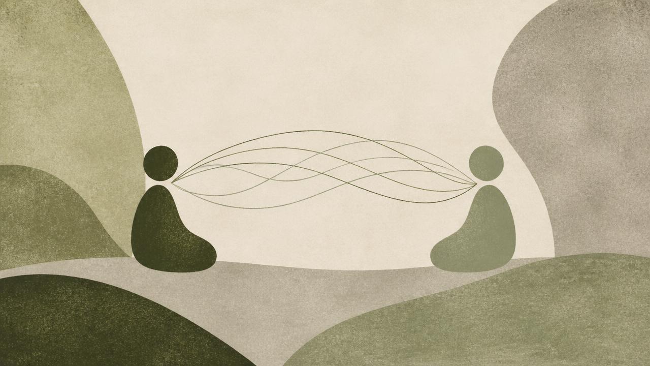 Two seated figures with five thin arcs weaving between them