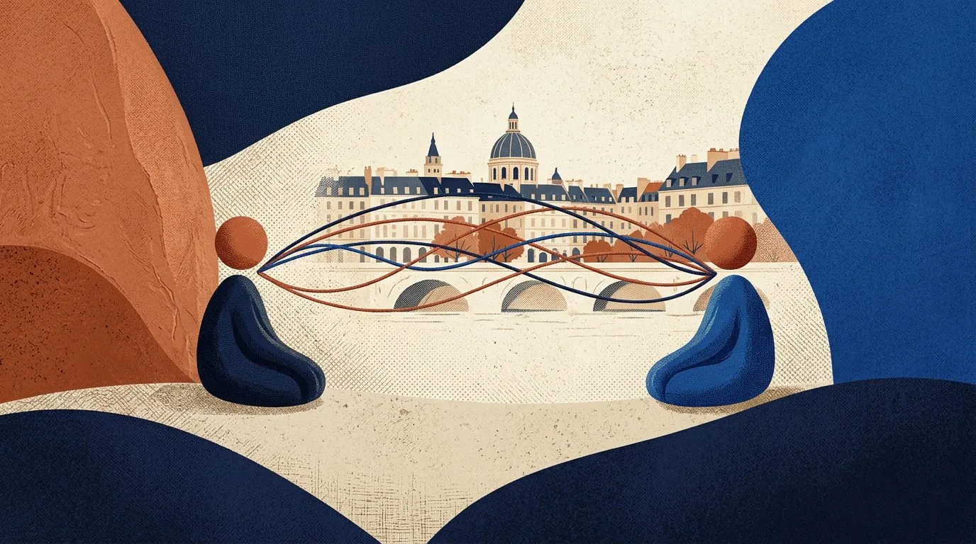 Two seated figures with five thin arcs weaving between them