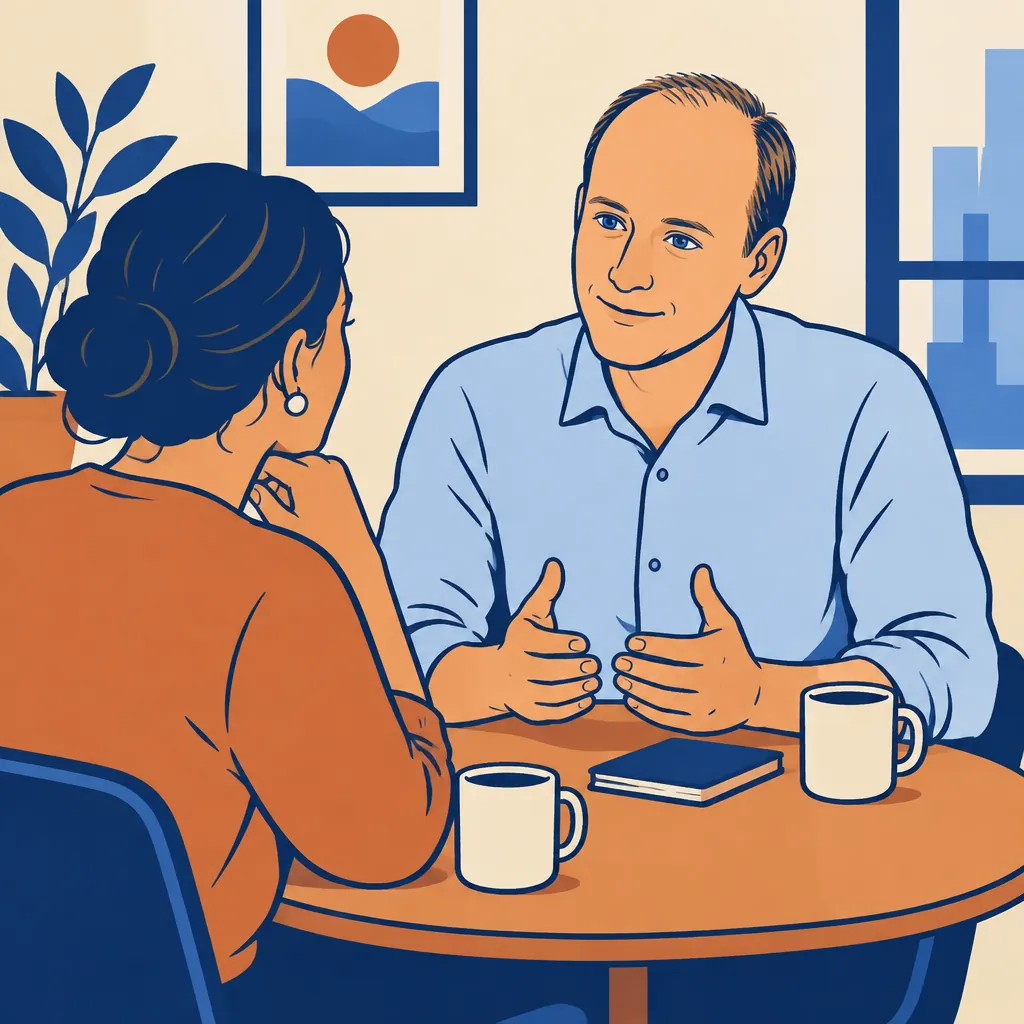 A coaching conversation between two people at a small table with coffee