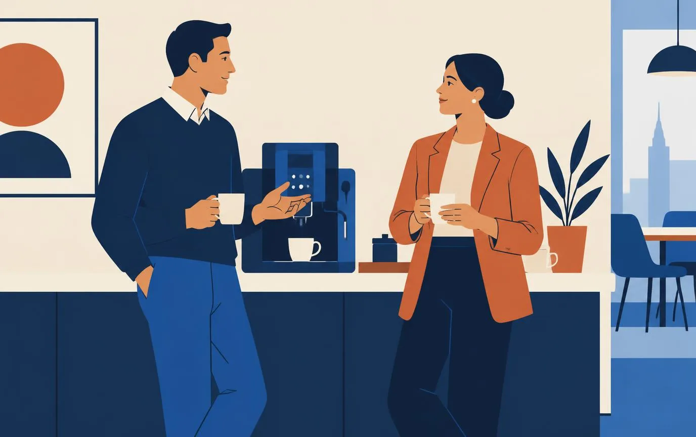 Twee collega's praten in een rustig tempo bij het koffieapparaat