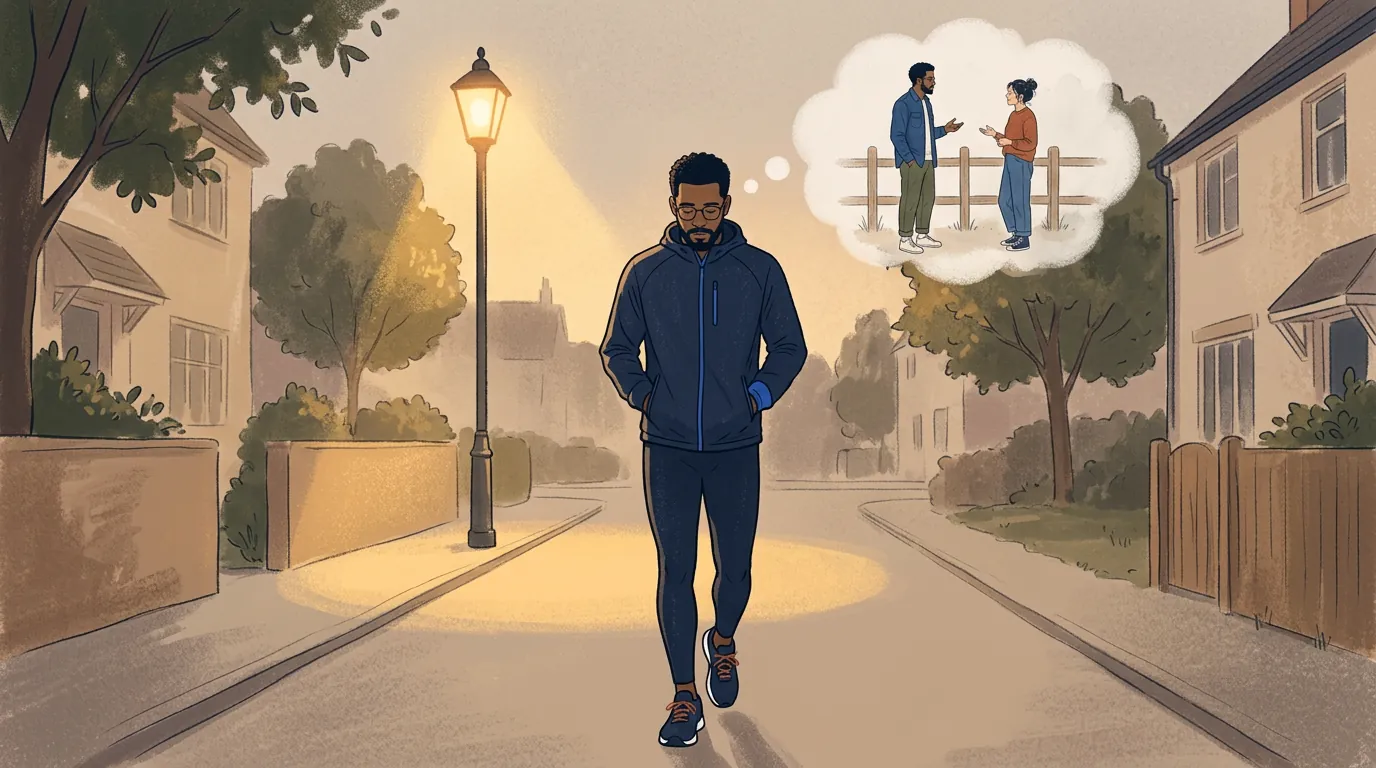 A man walking home alone at dusk, hands in his pockets, a thought bubble above his head showing the conversation by the fence.