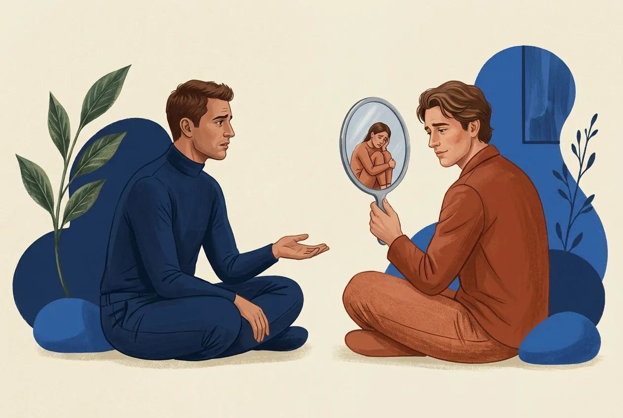 Two people talking beside a mirror reflecting their faces