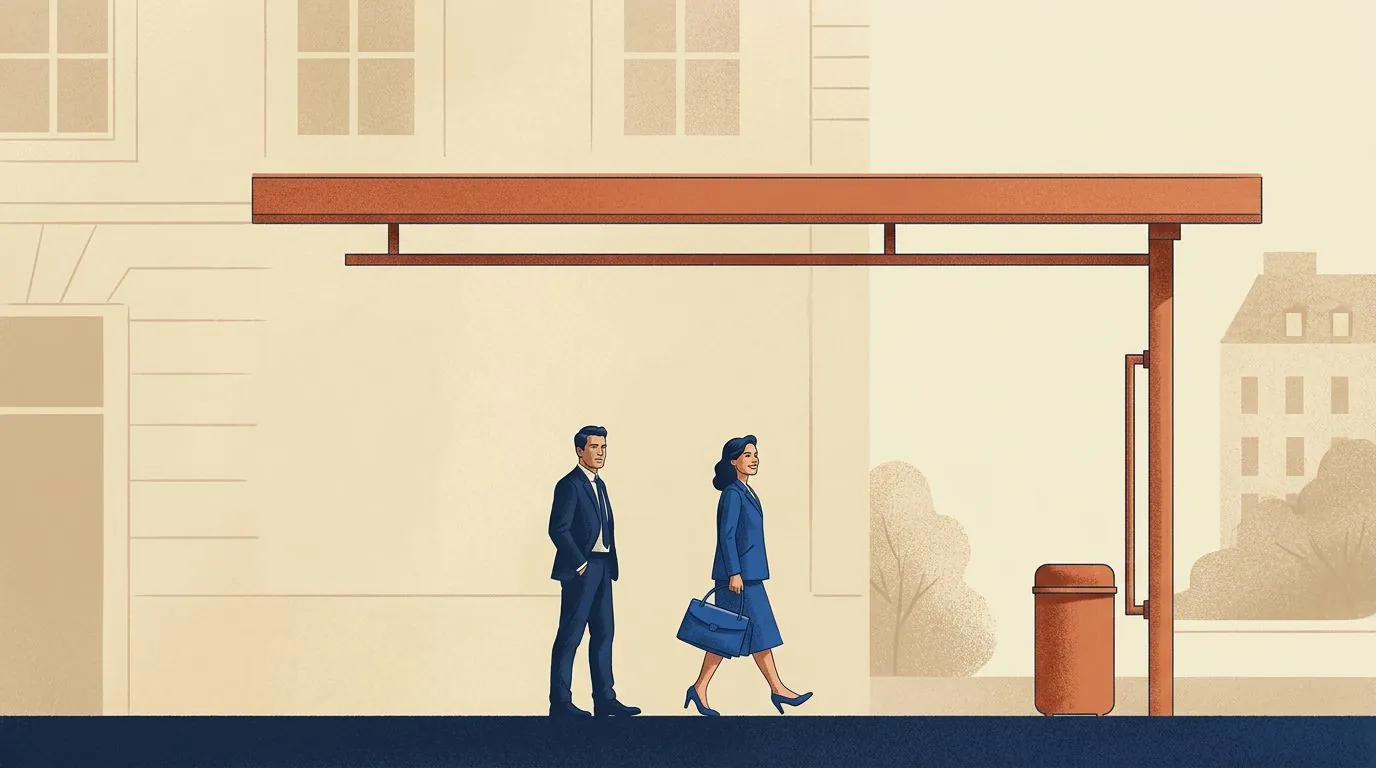Two people passing beside a city doorway