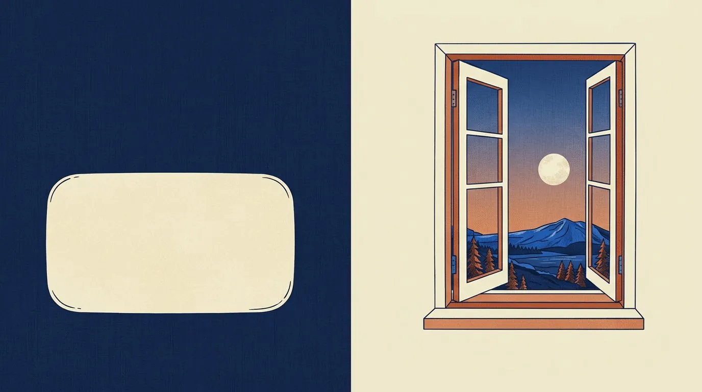 A blank mirror on one side, an open window with light on the other