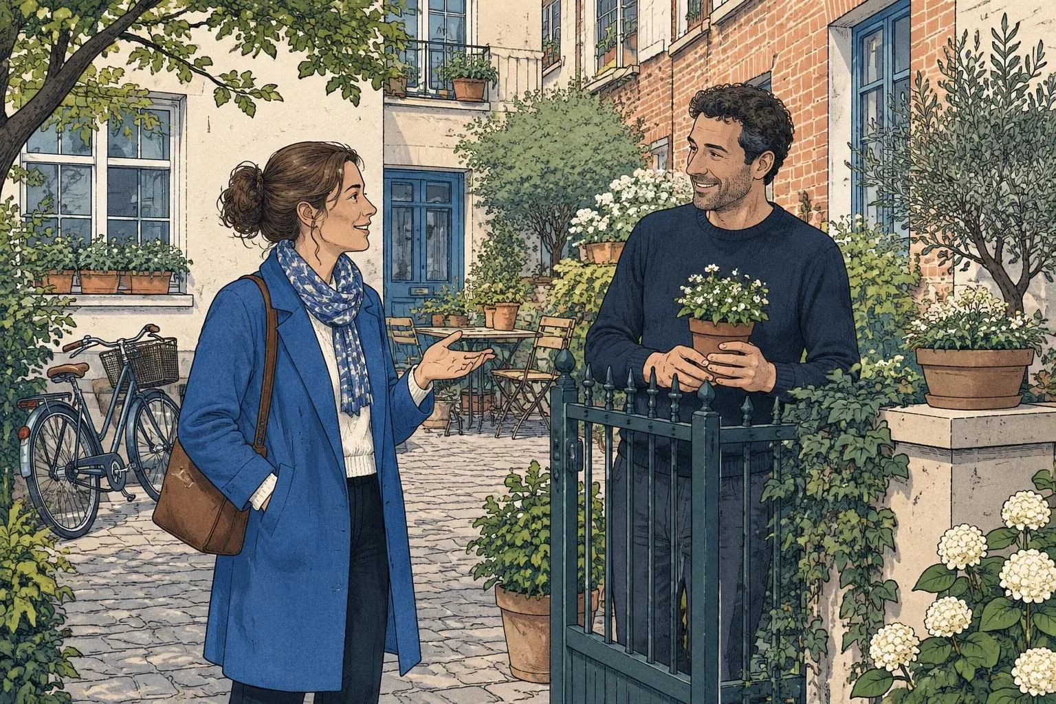 A brief conversation with a neighbour by a garden gate.