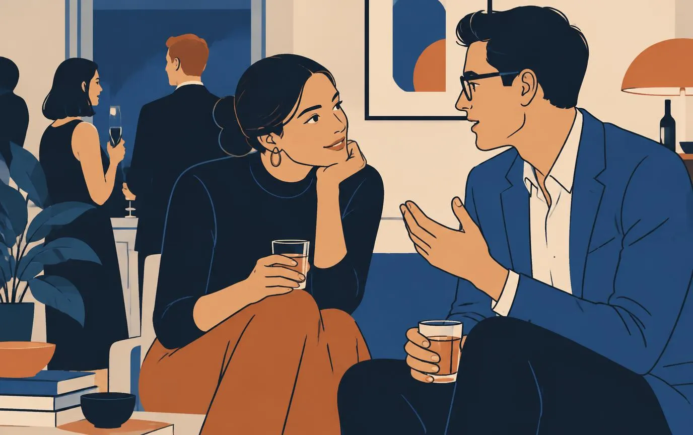 Een vrouw luistert nieuwsgierig terwijl een man vertelt op een feestje