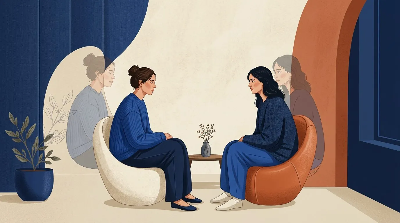 Two people seated opposite each other in conversation