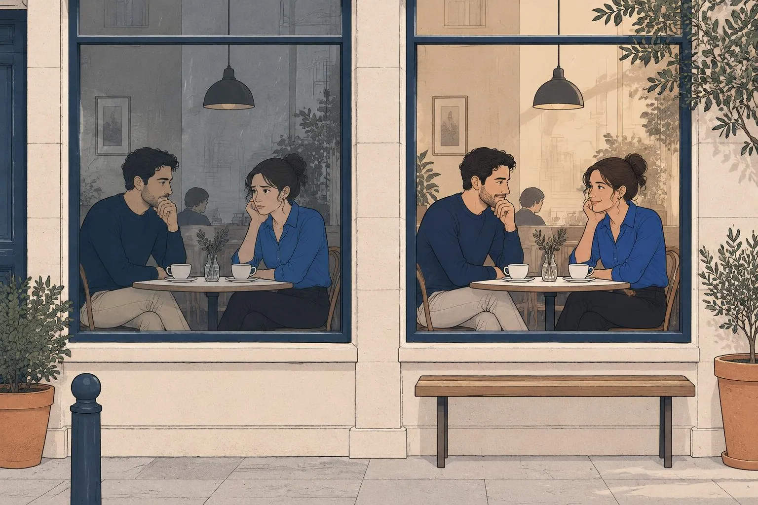 The same café conversation seen through two windows: a worried interpretation on the left and a more relaxed one on the right.