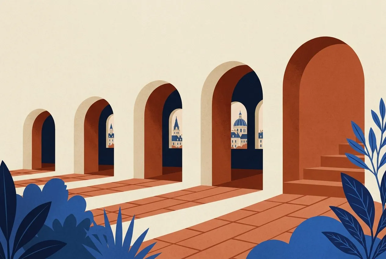 Five doorways along a path