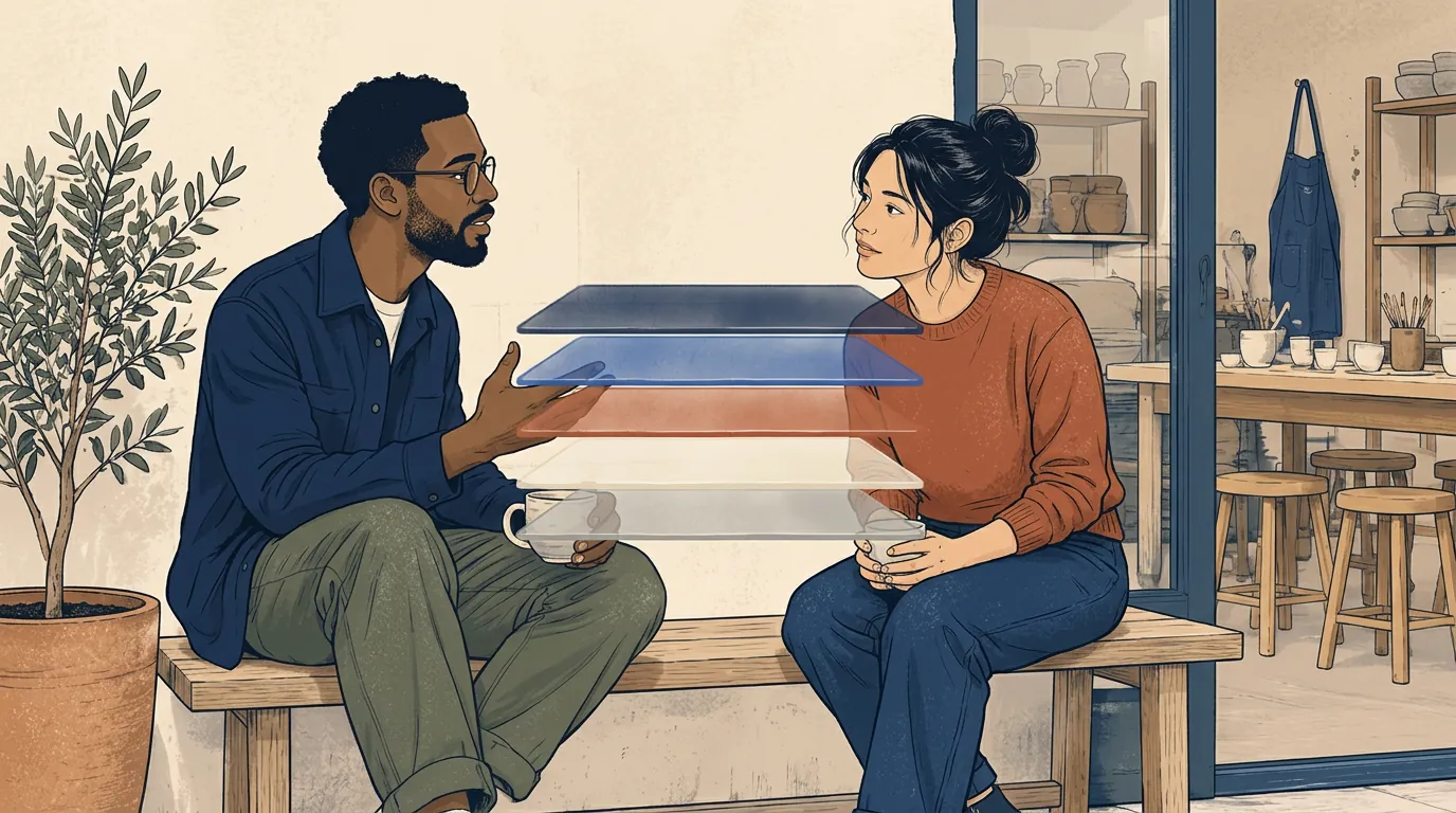 Two people facing each other, with five stacked layers between them: what is being said, what is being done, what is being said about us, what kind of moment we think this is, and what is happening inside each of us.