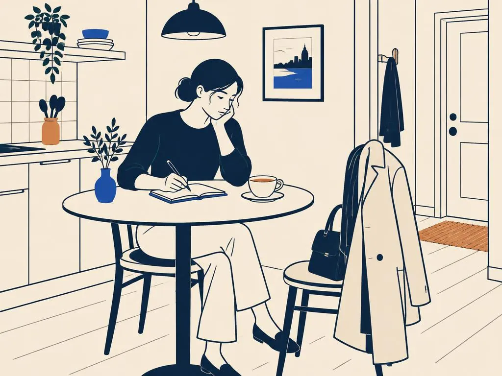 Someone writing in a notebook at a kitchen table, preparing for a conversation they feel nervous about.
