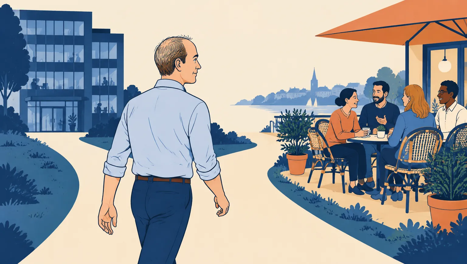 A man walking towards people talking outside a waterfront café
