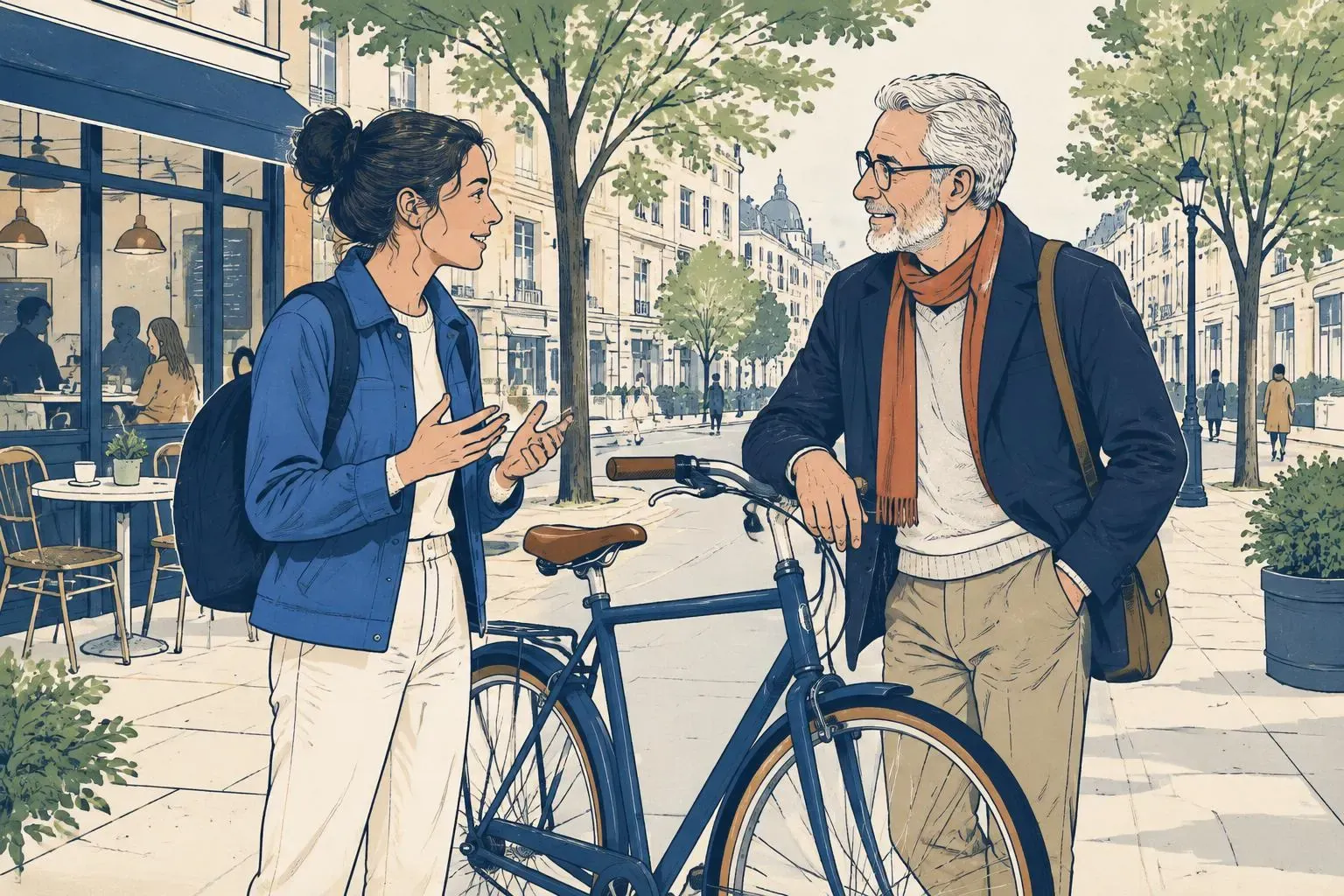 A younger and an older adult discussing a bicycle on a city street
