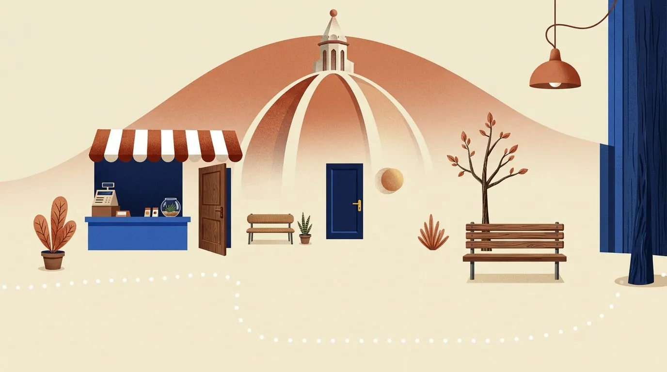 A small map of recurring places: a cafe counter, a doorway, a bench, linked by a dotted path