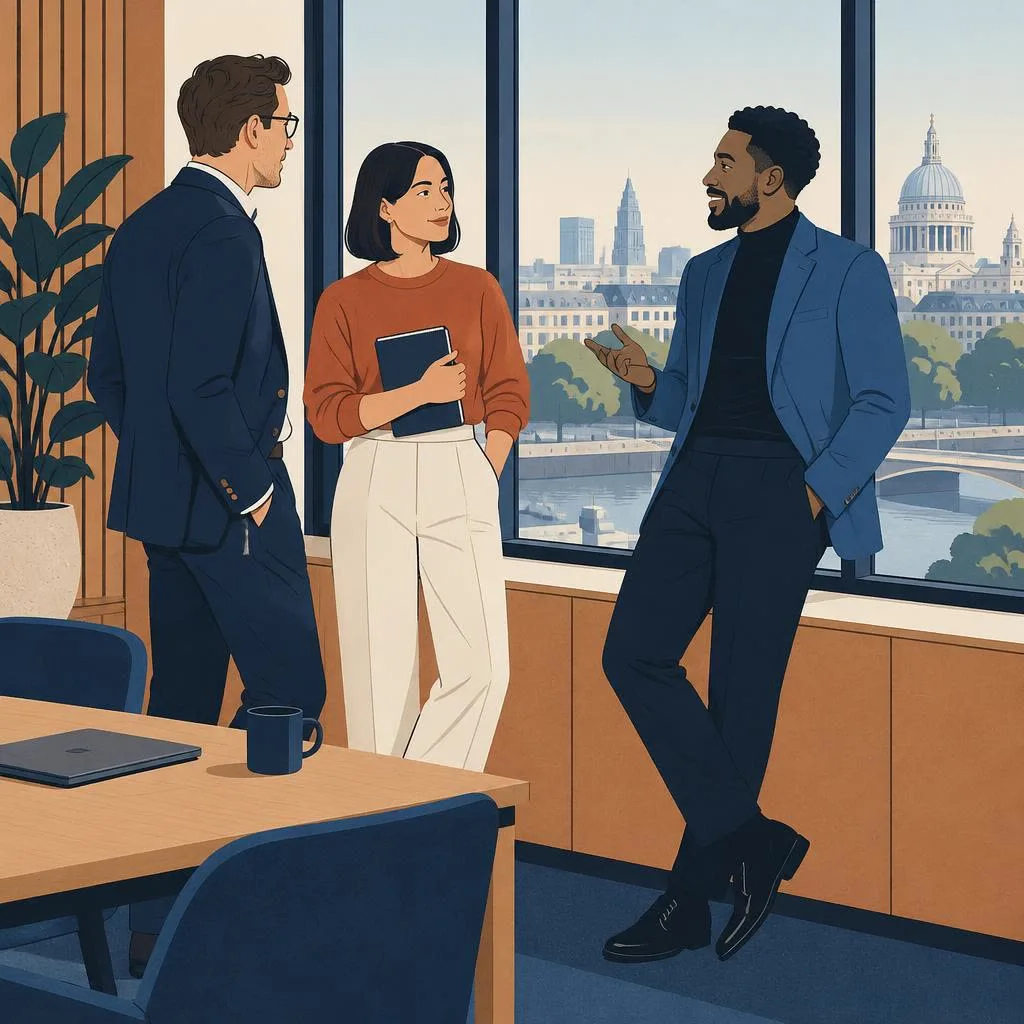 Two colleagues talking at a small table by a window