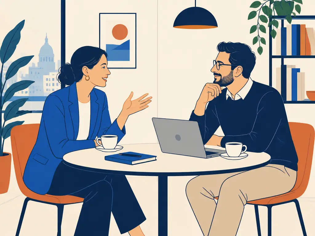 Two colleagues in a relaxed conversation at a table with coffee