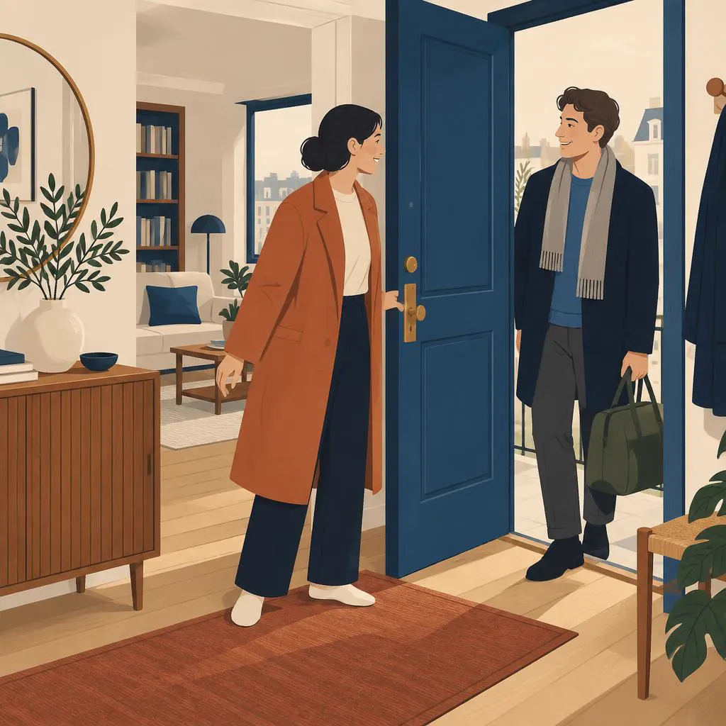Illustration of friends sharing a meal around a table under warm lamplight